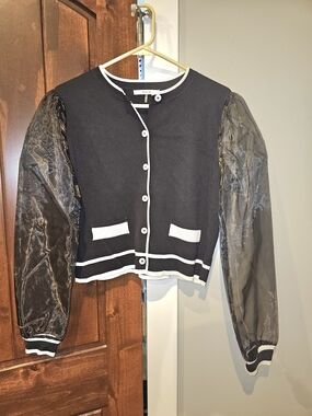 NWOT Rivr Black Knit Cardigan with Sheer Puff Sleeves